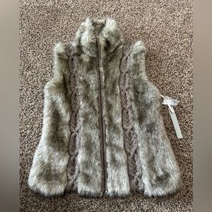 Kenar Faux Fur Vest XL Wool/Alpaca Blend Cable knit Sweater Zippered NWT Brown